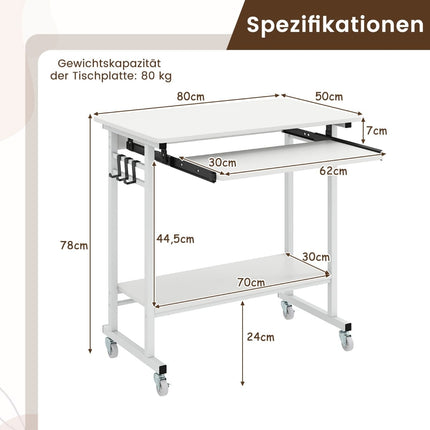 Bureau mobile pour ordinateur avec plateau pour clavier, blanc, 80 x 50 x 78 cm