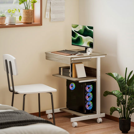 Bureau mobile avec tiroir et étagères, 4 roulettes, aggloméré, métal