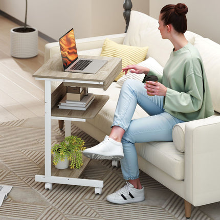 Bureau mobile avec tiroir et étagères, 4 roulettes, aggloméré, métal