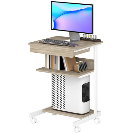 Bureau mobile avec tiroir et étagères, 4 roulettes, aggloméré, métal