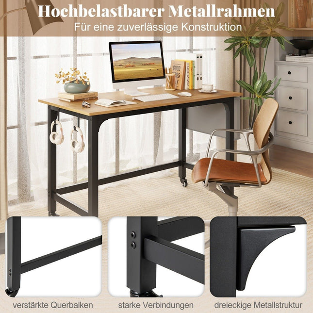 Mobiler Schreibtisch mit Rollen, Ablagetasche, Kopfhörerhaken, 120x60x75 cm