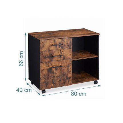 Meuble à tiroirs mobile avec étagères et roulettes - Marron