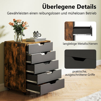 Mobiler Aktenschrank mit 5 Schubladen, braunes Holz, auf Rollen