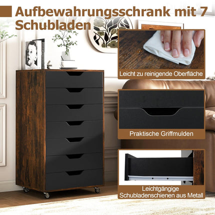 Rollcontainer mit 7 Schubladen, Rustikales Braun