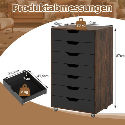 Rollcontainer mit 7 Schubladen, Rustikales Braun