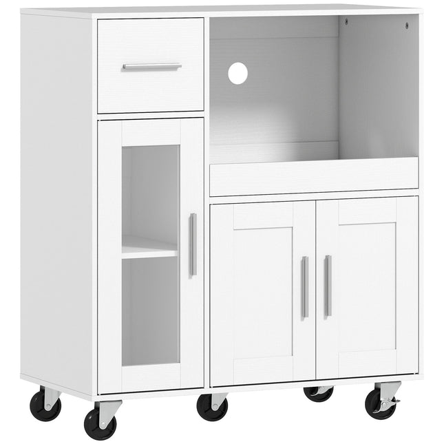 Meuble de cuisine mobile, blanc, étagères réglables, roulettes