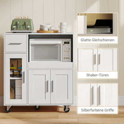 Meuble de cuisine mobile, blanc, étagères réglables, roulettes