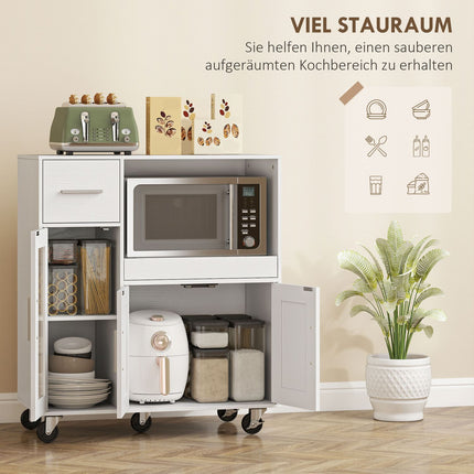 Meuble de cuisine mobile, blanc, étagères réglables, roulettes