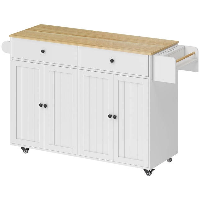 Îlot de cuisine mobile, 2 tiroirs, étagère à épices, MDF, blanc