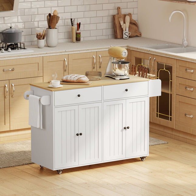 Îlot de cuisine mobile, 2 tiroirs, étagère à épices, MDF, blanc