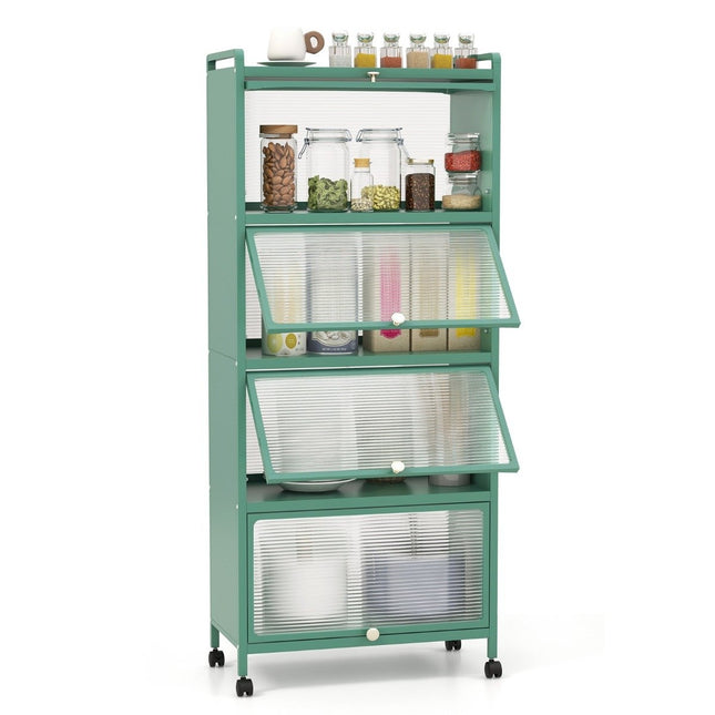 Étagère de cuisine mobile à roulettes, portes pliantes, 5 niveaux
