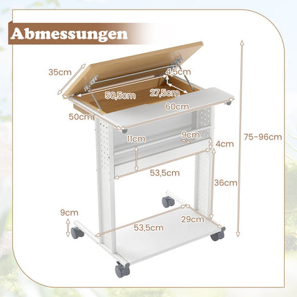 Bureau mobile pour ordinateur portable avec plateau inclinable, rangement et roulettes