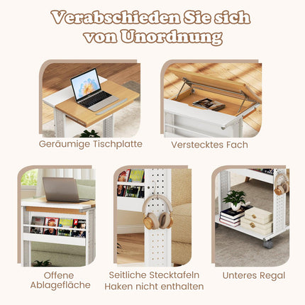 Bureau mobile pour ordinateur portable avec plateau inclinable, rangement et roulettes