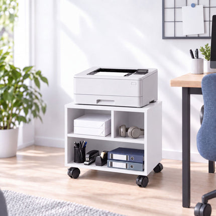 Mobile Printer Stand with Castors and 3 Compartments, White