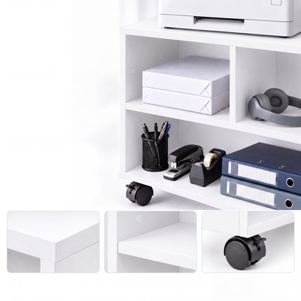 Mobile Printer Stand with Castors and 3 Compartments, White