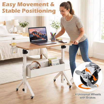 Bureau assis-debout mobile, réglable en hauteur avec panier de rangement