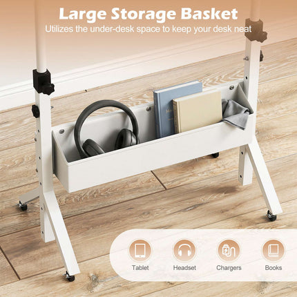 Bureau assis-debout mobile, réglable en hauteur avec panier de rangement