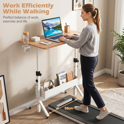 Bureau assis-debout mobile, réglable en hauteur avec panier de rangement