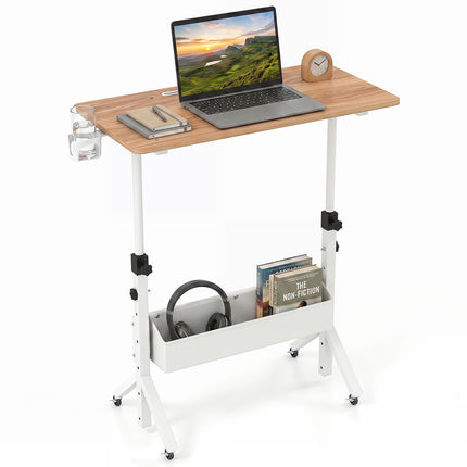 Bureau assis-debout mobile, réglable en hauteur avec panier de rangement