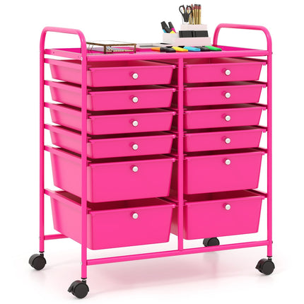 Mobiler Aufbewahrungswagen mit 12 Schubladen, Metallrahmen, Pink