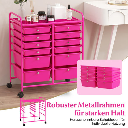 Mobiler Aufbewahrungswagen mit 12 Schubladen, Metallrahmen, Pink