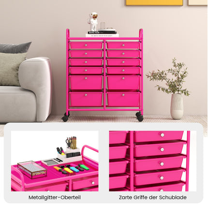 Mobiler Aufbewahrungswagen mit 12 Schubladen, Metallrahmen, Pink