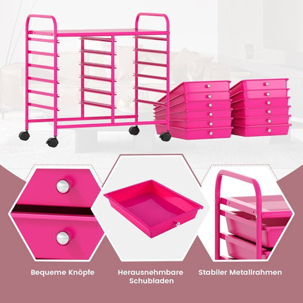 Rollcontainer mit 12 stapelbaren Schubladen, Dunkelrosa