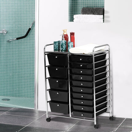 Chariot de rangement mobile avec 15 tiroirs empilables, noir
