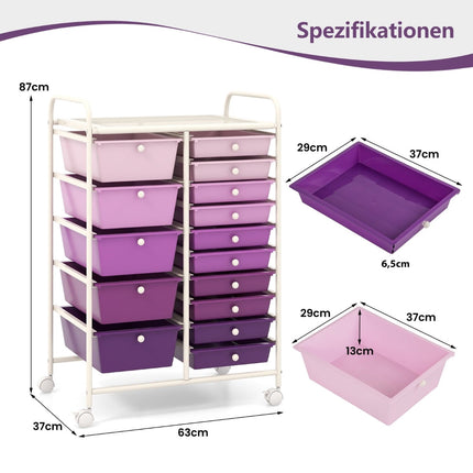 Rollcontainer mit 15 stapelbaren Schubladen, Lila