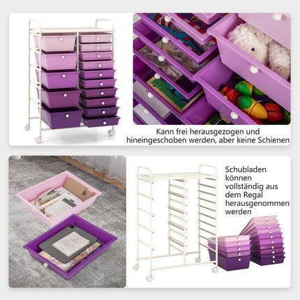 Rollcontainer mit 15 stapelbaren Schubladen, Lila