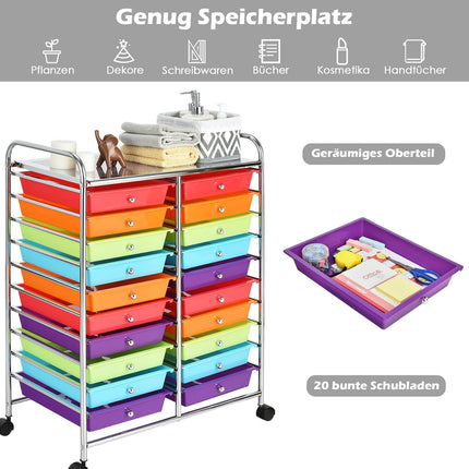 Chariot de rangement mobile avec 20 tiroirs colorés