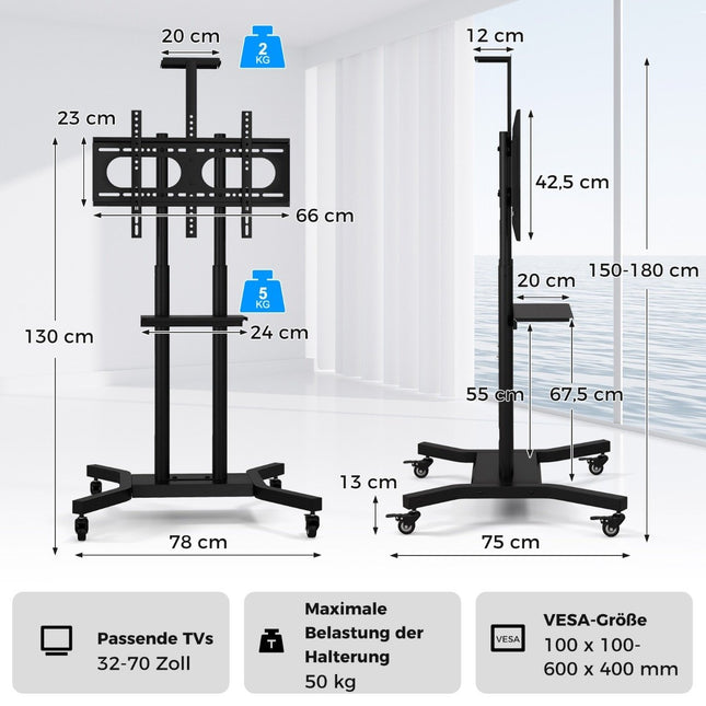 Support TV mobile pour téléviseurs de 32 à 70 pouces jusqu'à 50 kg. Chariot TV réglable avec étagère pour appareil photo.