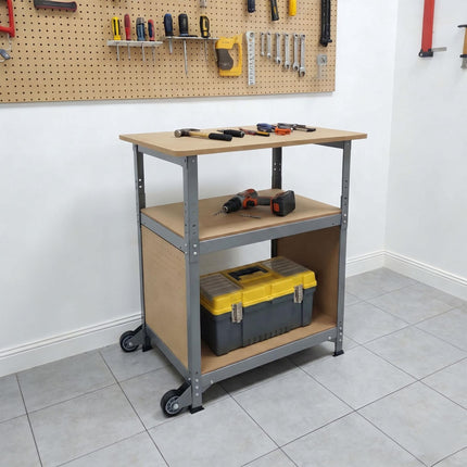 Établi mobile à roulettes, panneau perforé, hauteur réglable