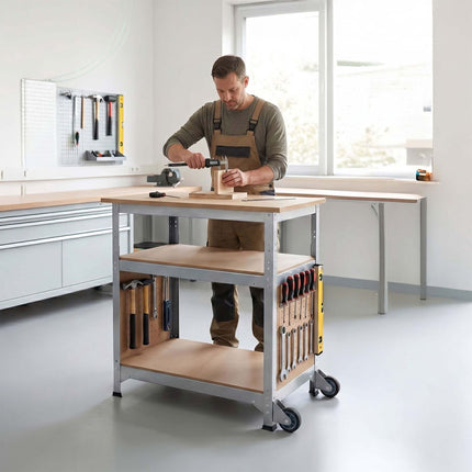 Établi mobile à roulettes, panneau perforé, hauteur réglable