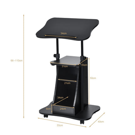 Bureau debout mobile avec plateau inclinable et compartiments ouverts Pupitre réglable en hauteur Noir