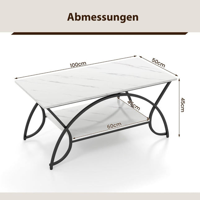 Moderner Couchtisch, Kunstmarmor, 2 Ebenen, Weiß/Schwarz, 100x50x45 cm