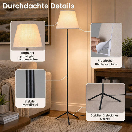 Lampadaire moderne avec abat-jour en tissu et pied trépied