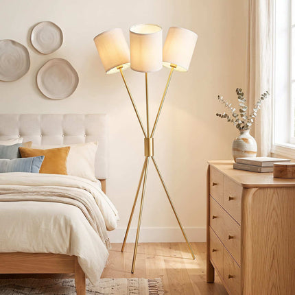 Lampadaire trépied moderne doré avec abat-jour en tissu
