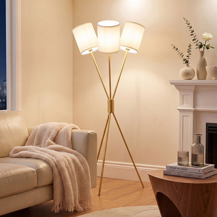 Lampadaire trépied moderne doré avec abat-jour en tissu