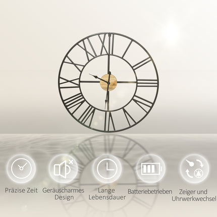 Silent vintage 60cm metal wall clock, Roman numerals