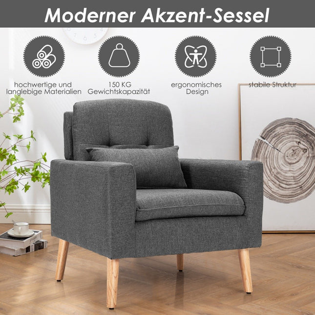 Moderner Relaxsessel mit Armlehnen &amp; Rückenkissen. Gepolstertes Einzelsofa grau 73 x 77 x 85 cm