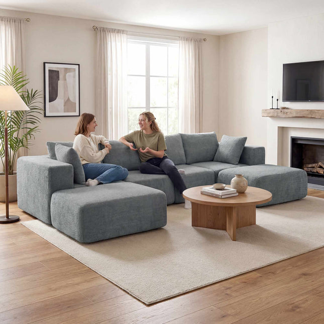 Modulares U-förmiges Sofa mit tiefen Sitzen, 2 Hockern, Dunkelgrau