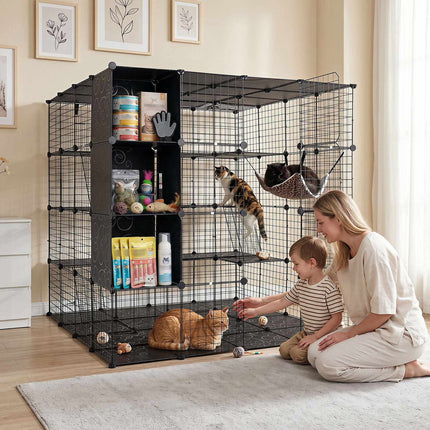 Enclos modulaire XXL pour chat avec hamac, noir, 144 x 144 x 142 cm