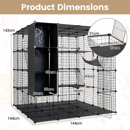 Enclos modulaire XXL pour chat avec hamac, noir, 144 x 144 x 142 cm