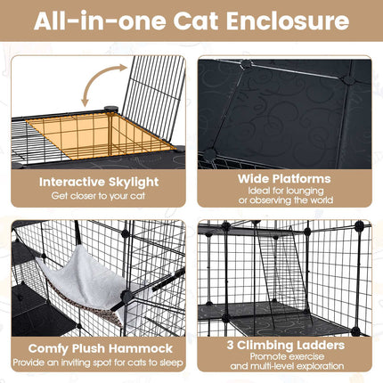 Enclos modulaire XXL pour chat avec hamac, noir, 144 x 144 x 142 cm