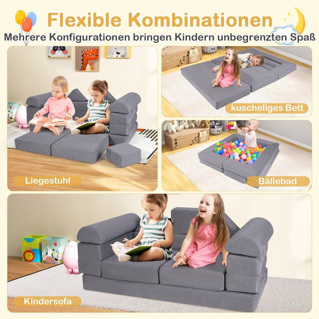 Canapé enfant modulable Canapé de jeu 9 pièces composé de blocs de construction en mousse avec tissu en daim confortable gris