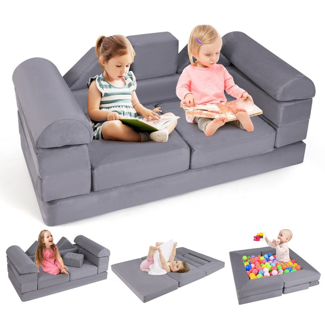 Canapé enfant modulable Canapé de jeu 9 pièces composé de blocs de construction en mousse avec tissu en daim confortable gris