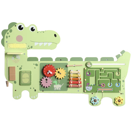 Tableau d'activités Montessori sur le thème des dinosaures, avec xylophone et engrenages