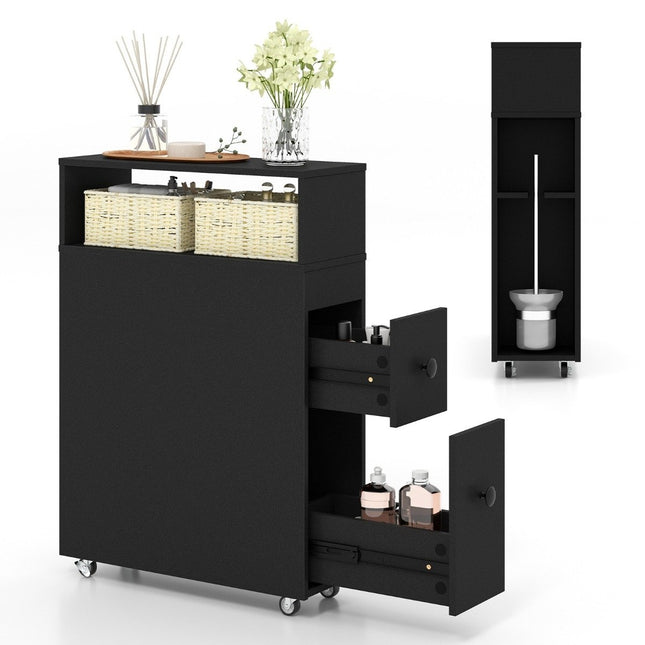 Meuble de salle de bain mobile avec 2 tiroirs coulissants et amp; Porte-balais pour petits espaces noir