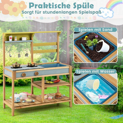 Cuisine de jeu pour enfants en boue, en bois d'épicéa, avec boutons de poêle et amp; Évier naturel
